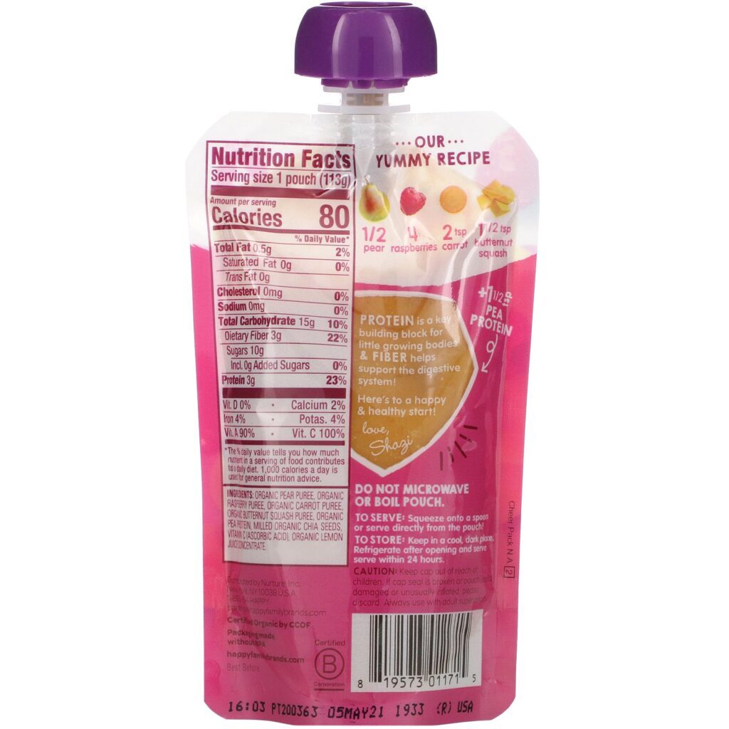 Happy Family Organics, Happytot, Fiber & Protein, Stage 4, Organic Pears, Raspberries, Carrots & Butternut Squash, 4 oz (113 g) - Imagem 2