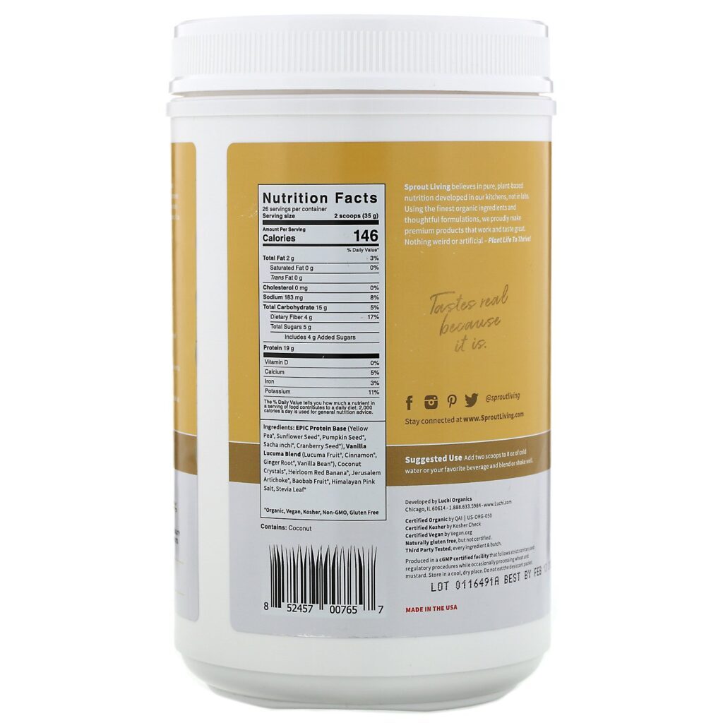 Sprout Living, Epic Protein, Organic Plant Protein + Superfoods, Baunilha Lúcuma, 910 g (2 lb) - Imagem 2