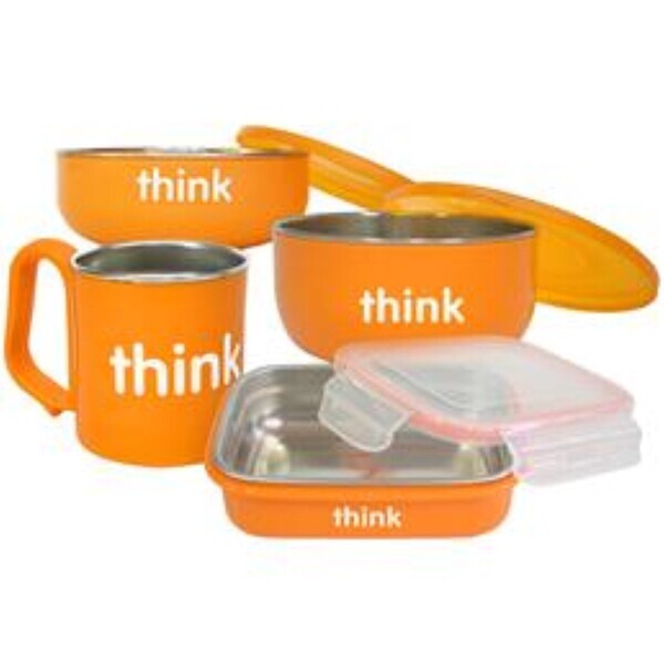 Think, Thinkbabi, O Conjunto de Alimentação Completamente Livre de BPA, Laranja, 1 Conjunto