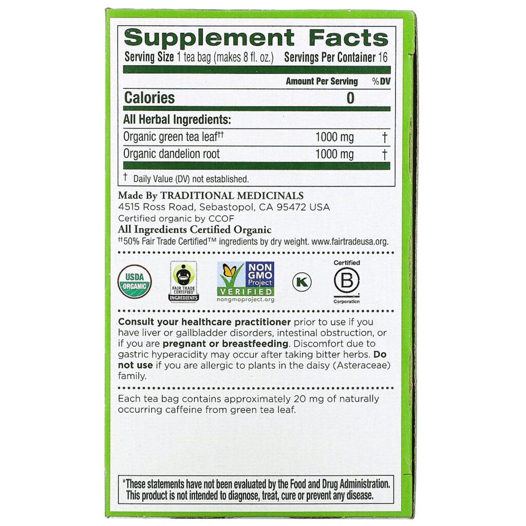 Traditional Medicinals, Chá Verde Orgânico, Dente-de-leão, 16 Saquinhos de Chá Embalados, 32 g (1,13 oz) - Imagem 2