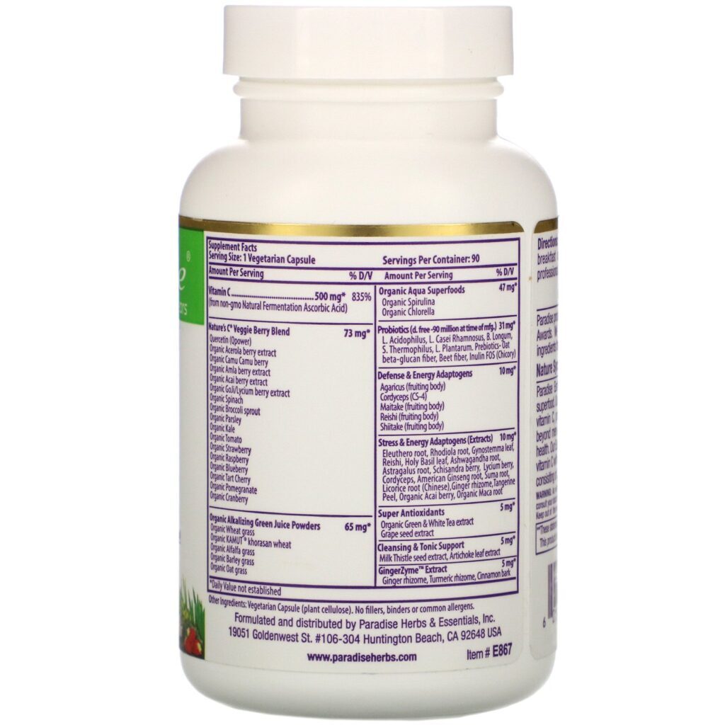 Paradise Herbs, Earth's Blend, Vitamin C, 500 mg, 90 Vegetarian Capsules - Imagem 2