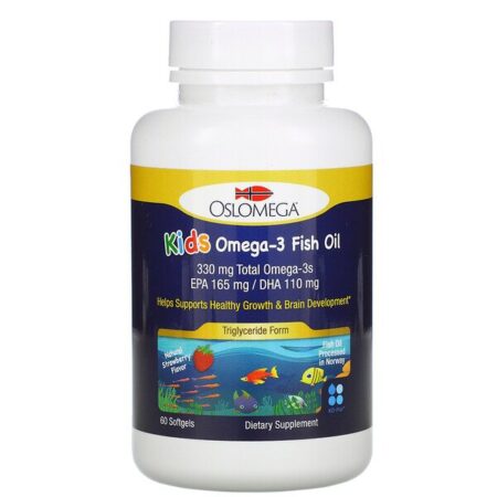 Oslomega, Ômega-3 de Óleo de Peixe Norueguês para Crianças, Sabor Natural de Morango, 60 Cápsulas Softgel de Gelatina de Peixe