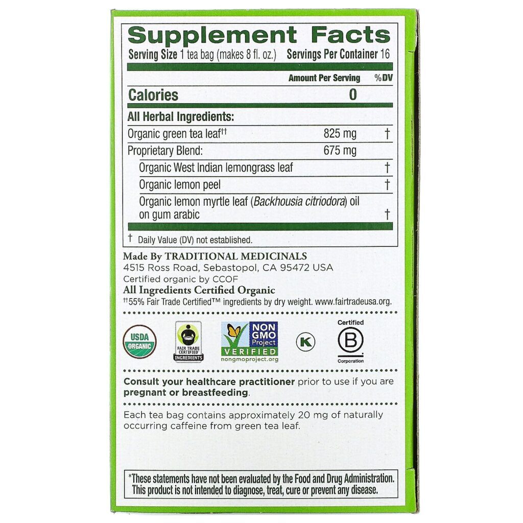 Traditional Medicinals, Chá Verde Orgânico, Capim-Limão, 16 Saquinhos de Chá Embalados, 24 g (0,85 oz) - Imagem 2