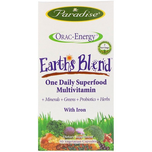 Paradise Herbs, ORAC-Energy, Earth's Blend ('Mistura da Terra'), um superalimento diário multivitamínico, com ferro, 60 cápsulas vegetais
