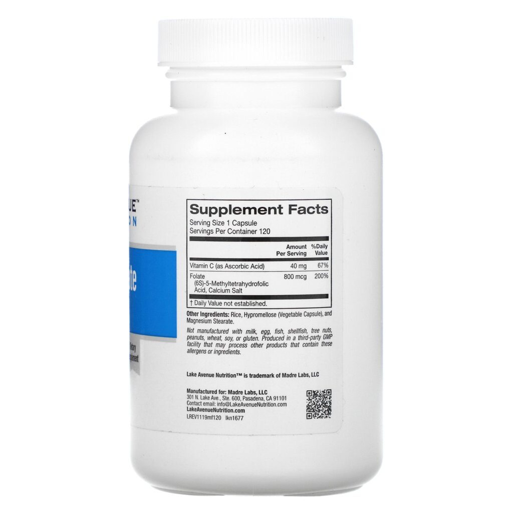 Lake Avenue Nutrition, Folato de Metila, 800 mcg, 120 Cápsulas Vegetais - Imagem 2