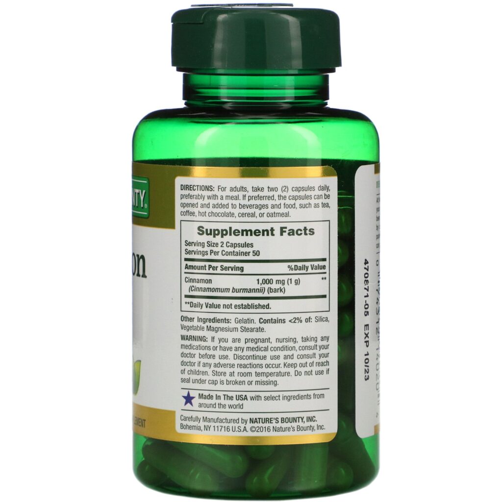 Nature's Bounty, Cinnamon, 1,000 mg, 100 Capsules - Imagem 2