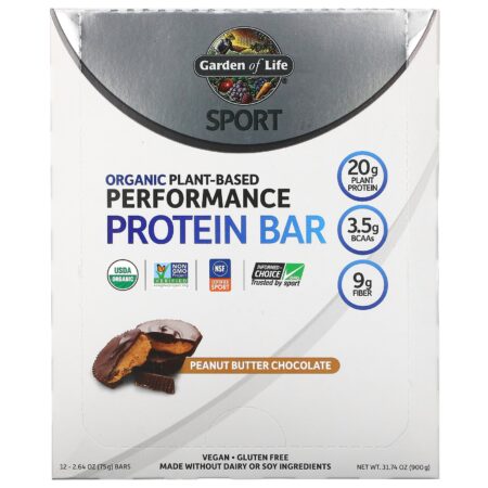 Garden of Life, Sport, Organic Plant-Based Performance Protein Bar, Peanut Butter Chocolate, 12 Bars, 2.64 oz (75 g) Each - Image 2