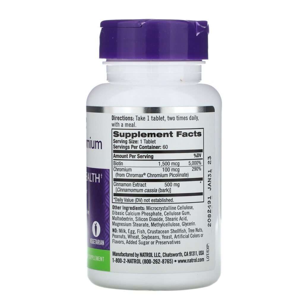 Natrol, Canela, Cromo e Biotina, 60 Comprimidos - Imagem 2