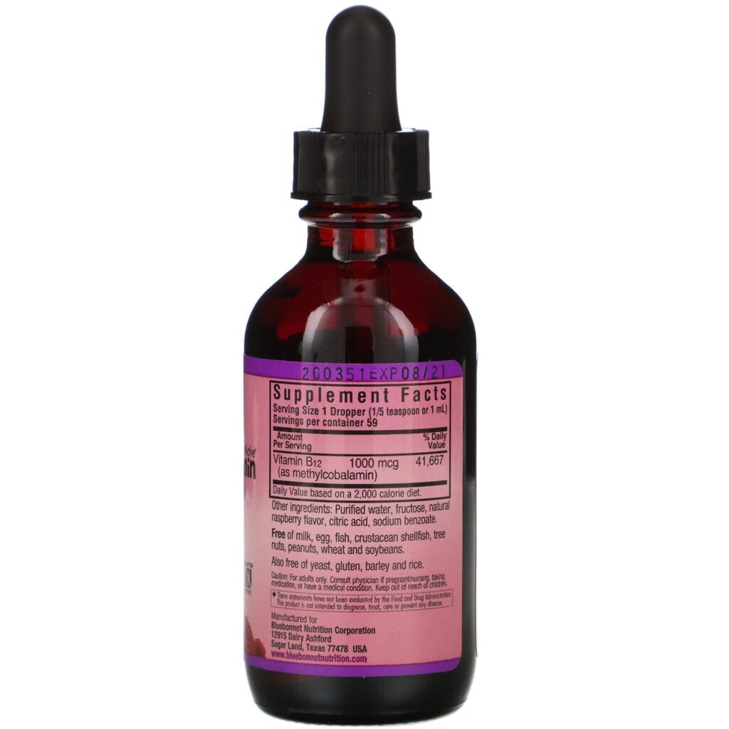 Bluebonnet Nutrition, Liquid CelluarActive Methylcobalamin Vitamin B12, Raspberry Flavor, 1,000 mcg, 2 fl oz (59 ml) - Imagem 2