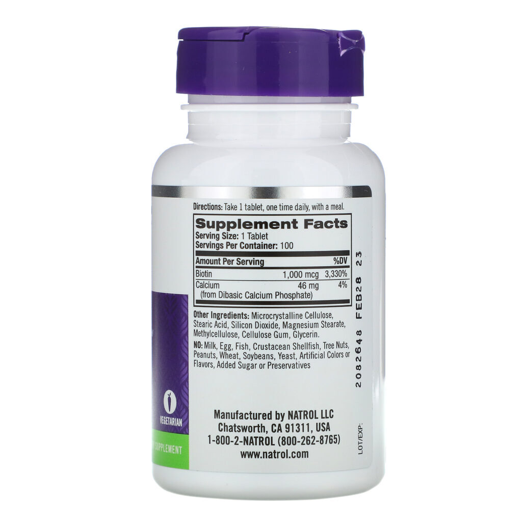 Natrol, Biotina, 1000 mcg, 100 Comprimidos - Imagem 2