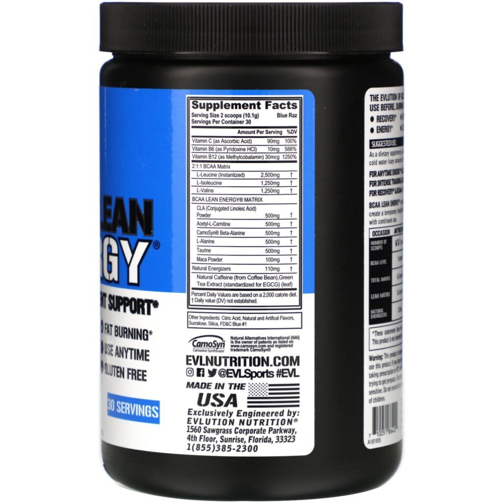 EVLution Nutrition, BCAA Lean Energy, Blue Raz, 318 g (11,2 oz) - Imagem 2