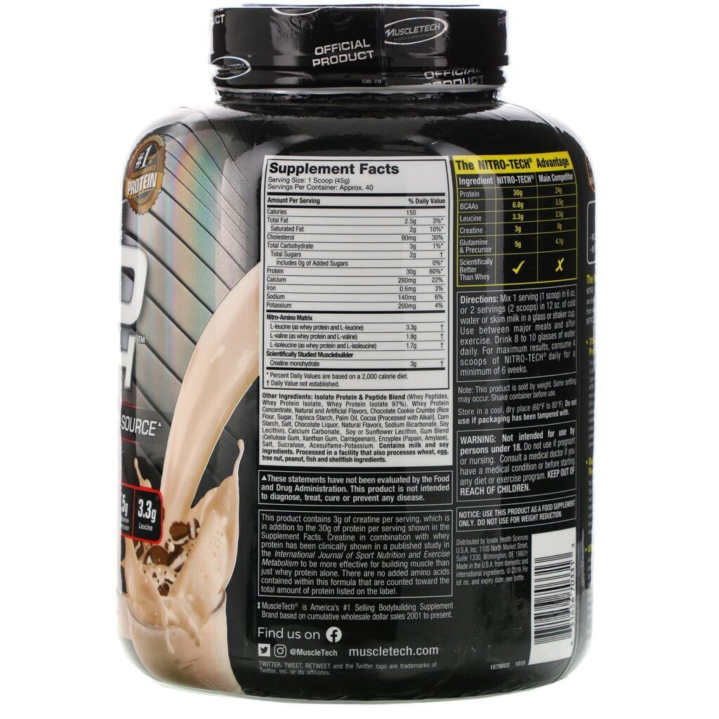 Muscletech, Nitro Tech, Whey Isolate + Lean Musclebuilder, Biscoitos e Creme, 1,80 kg (3,97 lb) - Imagem 2