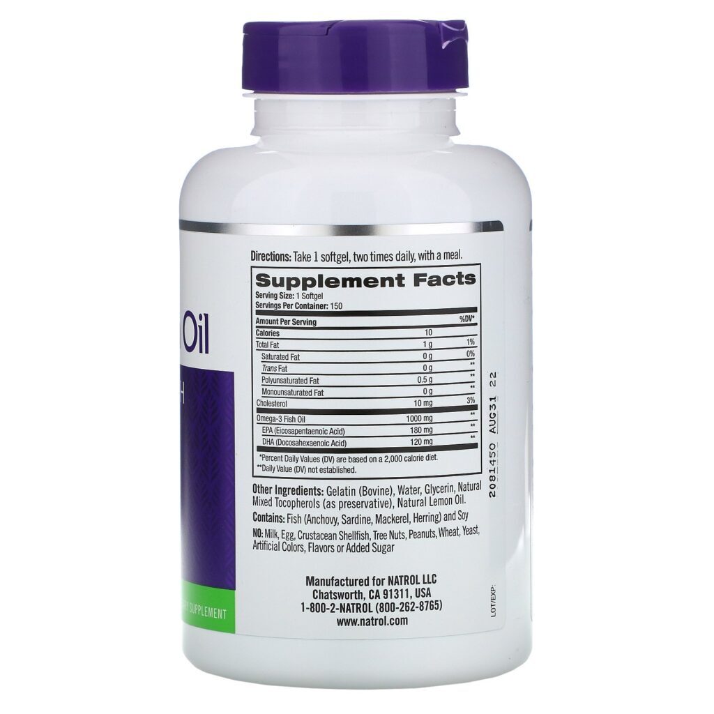 Natrol, Óleo de Peixe Ômega-3, Sabor Natural de Limão, 1.000 mg, 150 Cápsulas Softgel - Imagem 2