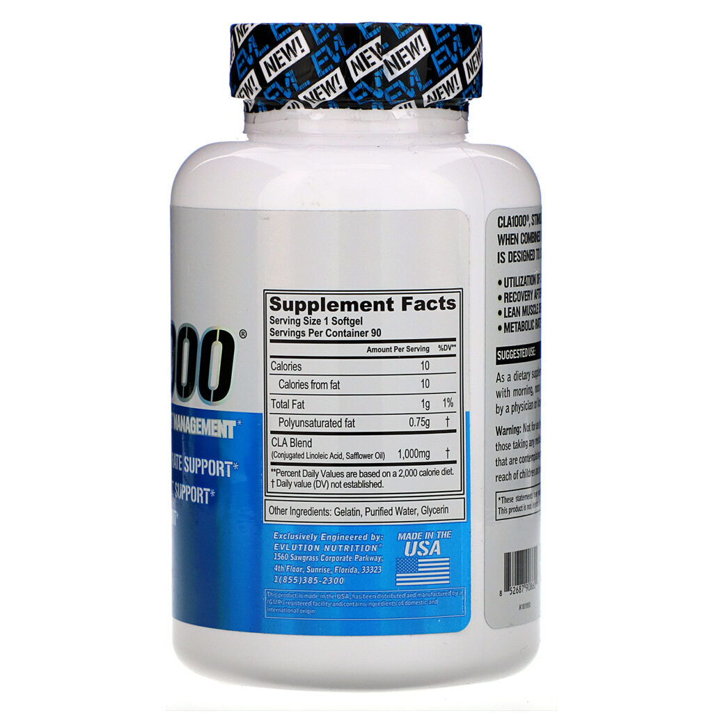 EVLution Nutrition, CLA1000, Stimulant Free Weight Management, 90 Softgels - Imagem 2