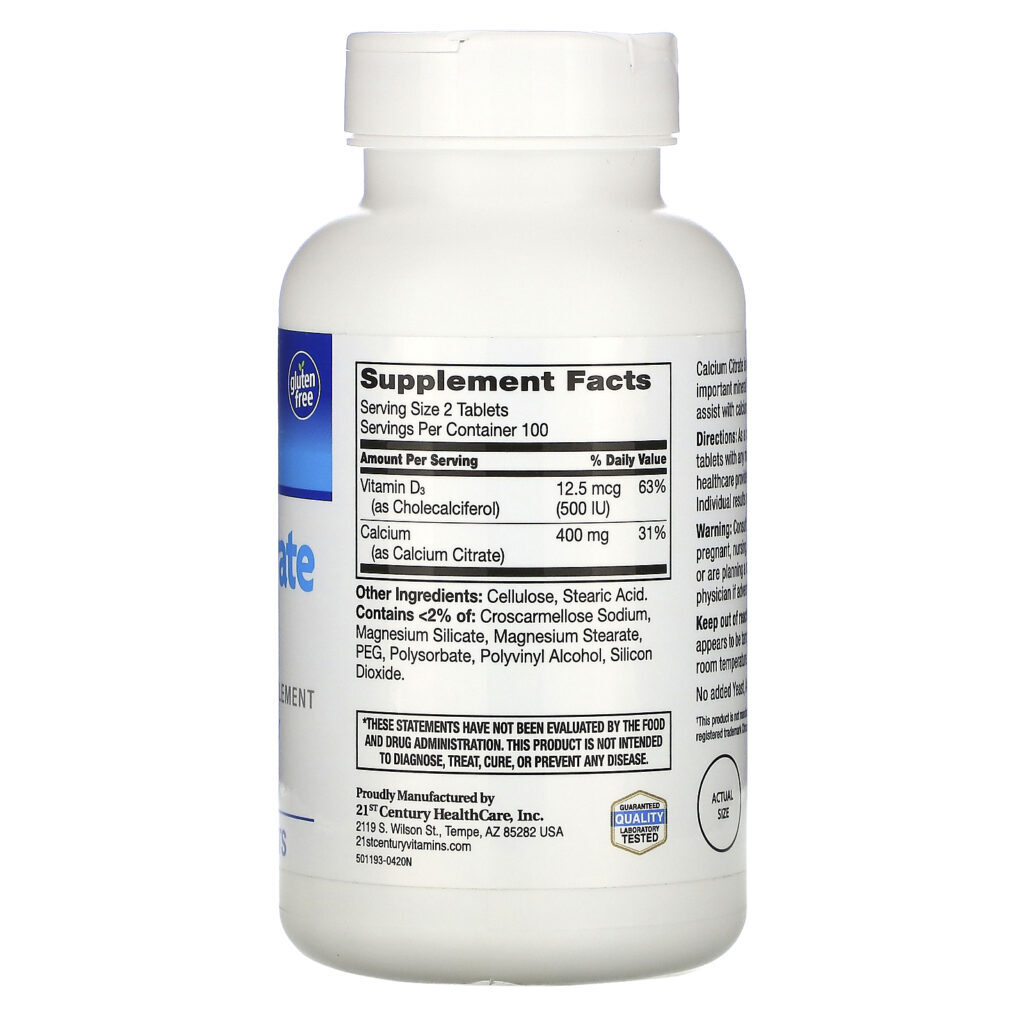 21st Century, Calcium Citrate Petites + D3, 200 Coated Tablets - Imagem 2