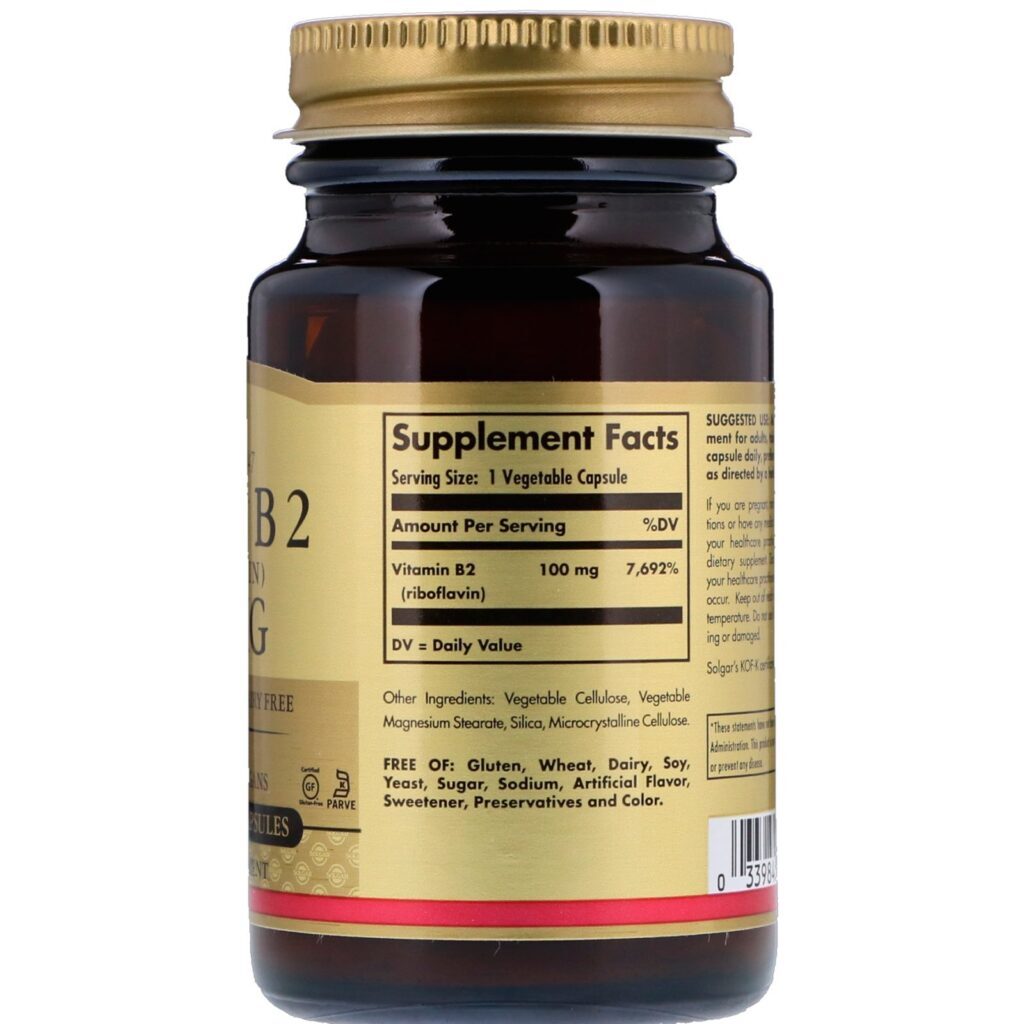 Solgar, Vitamina B2 (Riboflavina), 100 mg, 100 Cápsulas Vegetais - Imagem 2