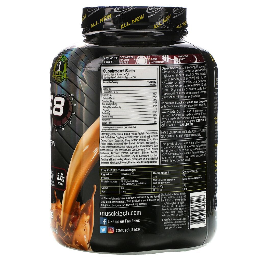 Muscletech, Performance Series, Phase8, Proteína Multifásica de 8 horas, Chocolate ao Leite, 4 libras (2,09 kg) - Imagem 2