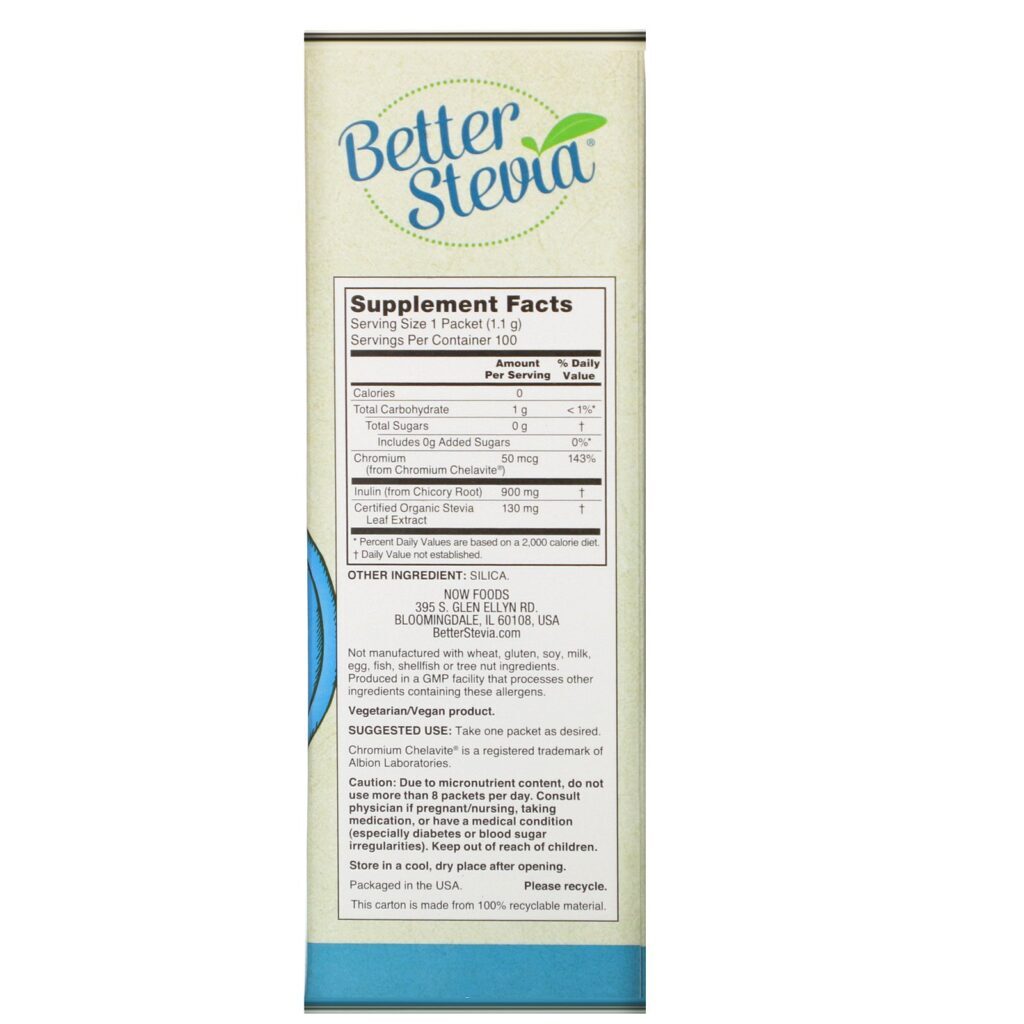 Now Foods, Better Stevia, Balance com Cromo e Inulina, 100 Envelopes, (1,1 g) Cada - Imagem 2