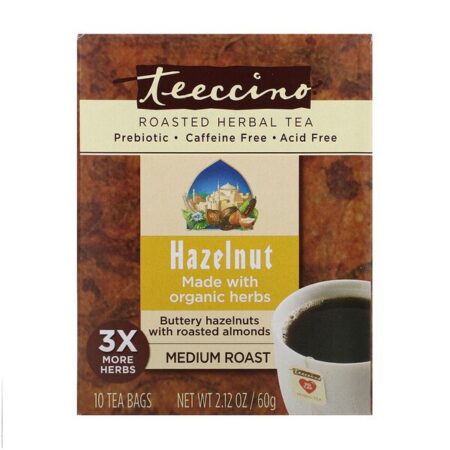 Teeccino, Chá Herbal Torrado, Torra Média, Avelã, Sem Cafeína, 10 Saquinhos de Chá, 2,12 oz (60 g)