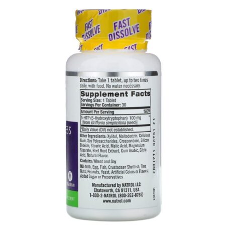 Natrol, 5-HTP, Dissolução Rápida, Força Extra, Sabor Bagas Selvagens, 100 mg, 30 Comprimidos - Imagem 2