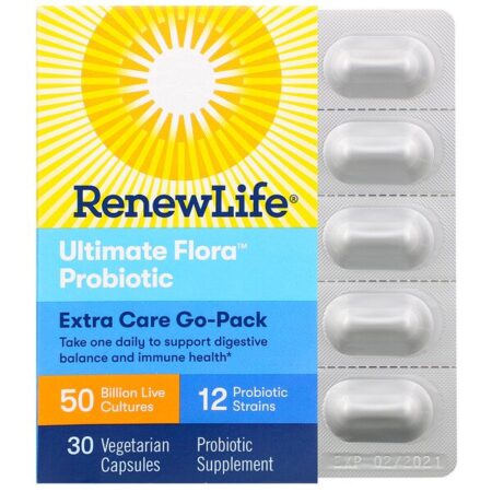 Renew Life, Go-Pack Extra Care, Ultimate Flora Probiotic, 50 Bilhões de Culturas Vivas, 30 Cápsulas Vegetais