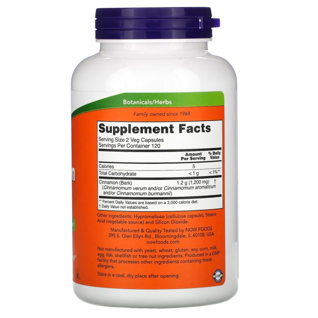 Now Foods, Cinnamon Bark, 600 mg, 240 Veg Capsules - Imagem 2