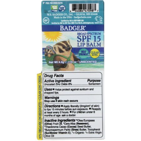 Badger Company, Lip Balm, Clear Zinc, Unscented, SPF 15, 0.15 oz (4.2 g) - Image 2