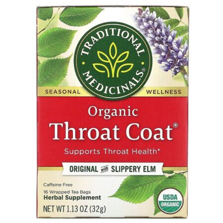 Traditional Medicinals, Organic Throat Coat, Original com Olmo Escorregadio, Sem Cafeína, 16 Saquinhos de Chá Embalados, 32 g (1,13 oz)