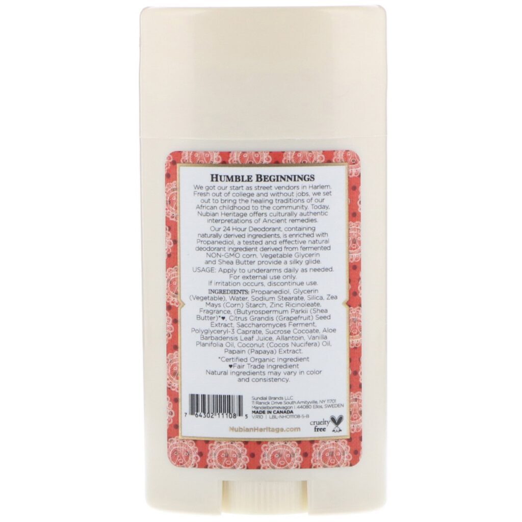 Nubian Heritage, Desodorante 24 Horas, Totalmente Natural, Coco e Papaia com Óleo de Baunilha, 2,25 oz (64 g.) - Imagem 2
