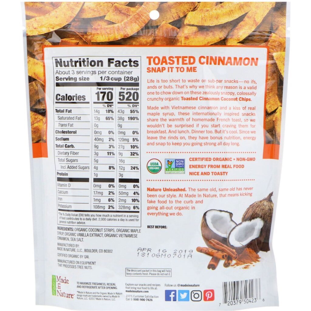 Made in Nature, Chips de Coco Orgânico, Superlanches com Canela Torrada, 85 g (3 oz) - Imagem 2