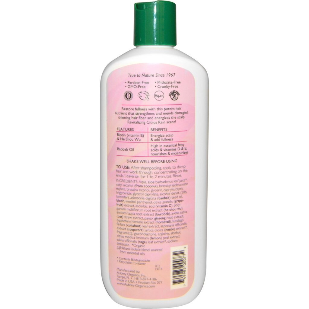 Aubrey Organics, Conditioner, Biotin Repair, Citrus Rain, 11 fl oz (325 ml) - Imagem 2