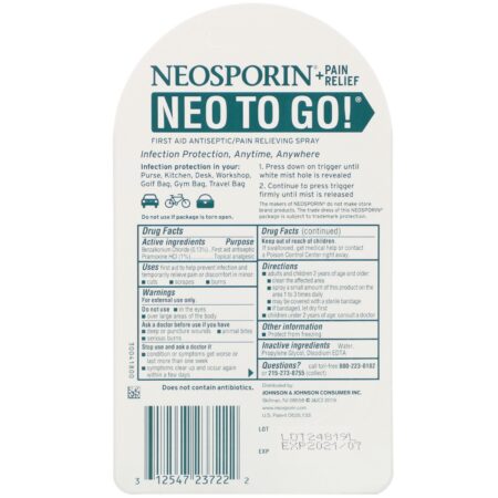 Neosporin, + Pain Relief, Neo To Go!, Spray Antisséptico Para Primeiros Socorros/Alívio da Dor, 7,7 ml (0,26 fl oz) - Image 2