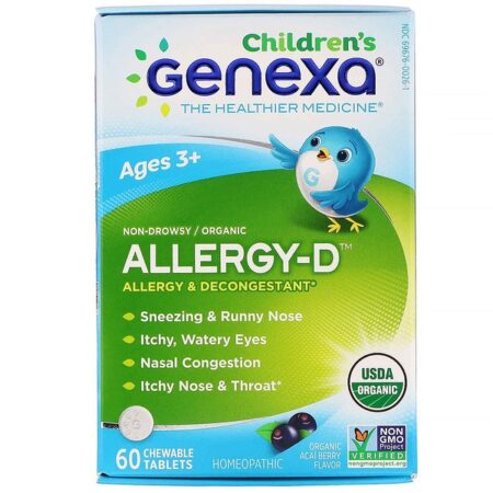 Genexa, Allergy-D para crianças, descongestionante orgânico e para alergia, sabor de Açaí orgânico, 60 tabletes mastigáveis