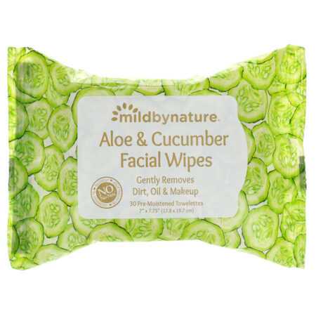 Mild By Nature, Aloe & Cucumber Facial Wipes, Biodegradáveis, 30 Toalhetes Pré-Umedecidos