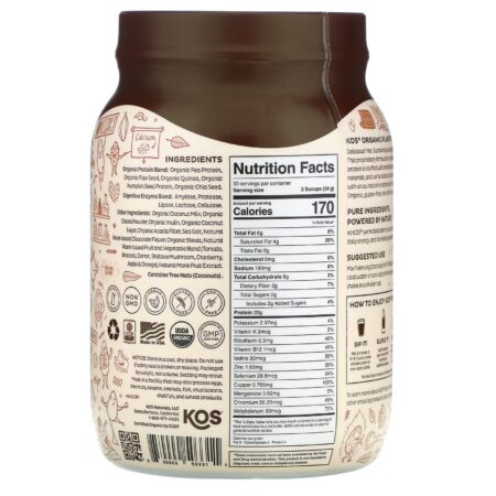 KOS, Organic Plant Protein, Chocolate, 2.6 lb (1,170 g) - Image 2