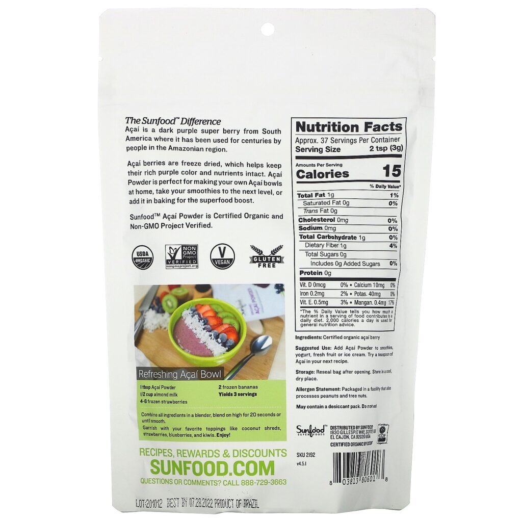 Sunfood, Pó de Açaí da Amazônia, 4 oz (113g) - Imagem 2