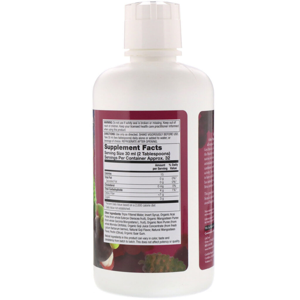 LifeTime Vitamins, Organic 4-IN-1 Superfruit Juice Blend, Acai, Mangosteen, Noni &Goji, 32 fl oz (946 ml) - Imagem 2
