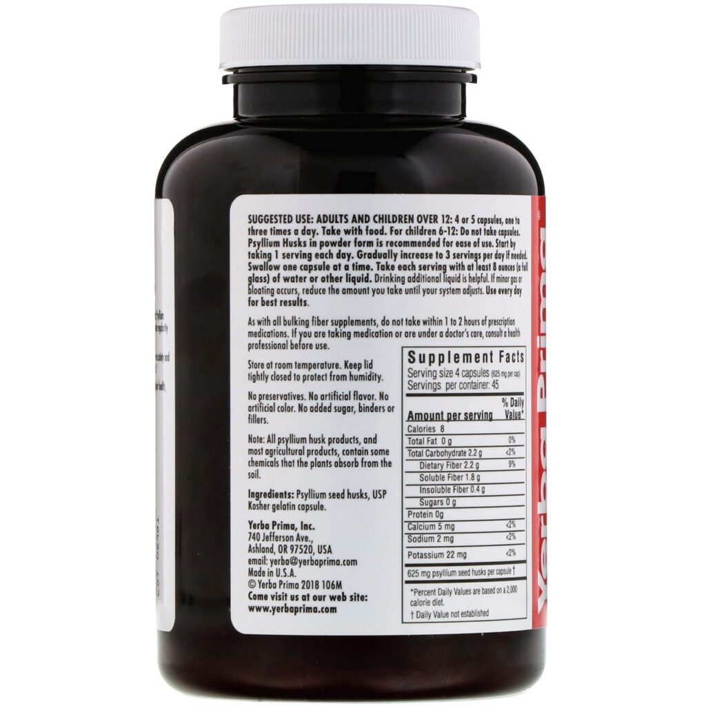 Yerba Prima, Cascas de Psyllium, 625 mg, 180 cápsulas - Imagem 2