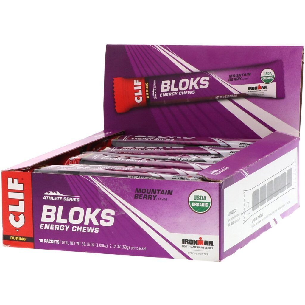 Clif Bar, Bloks Pastilhas de Energia Mastigáveis, Sabor Frutas Vermelhas da Montanha, 18 Pacotes, 2,12 oz (60 g) Cada