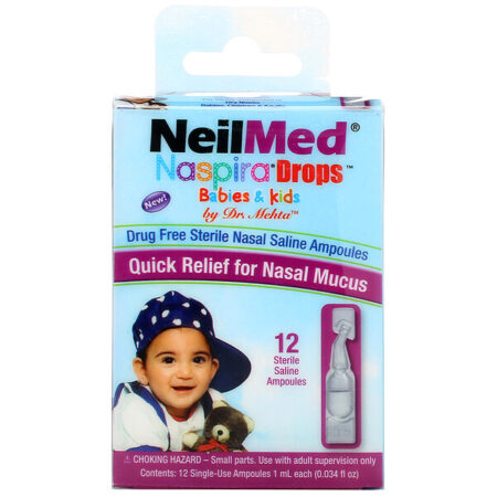 NeilMed, Naspira Drops, Bebês e Crianças, 12 Ampolas Salinas Estéreis, 1ml cada