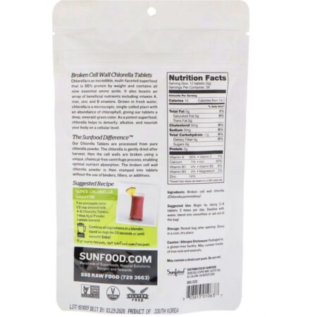 Sunfood, Broken Cell Wall Chlorella Tablets, 250 mg, 456 Tablets, 4 oz (113 g) - Imagem 2