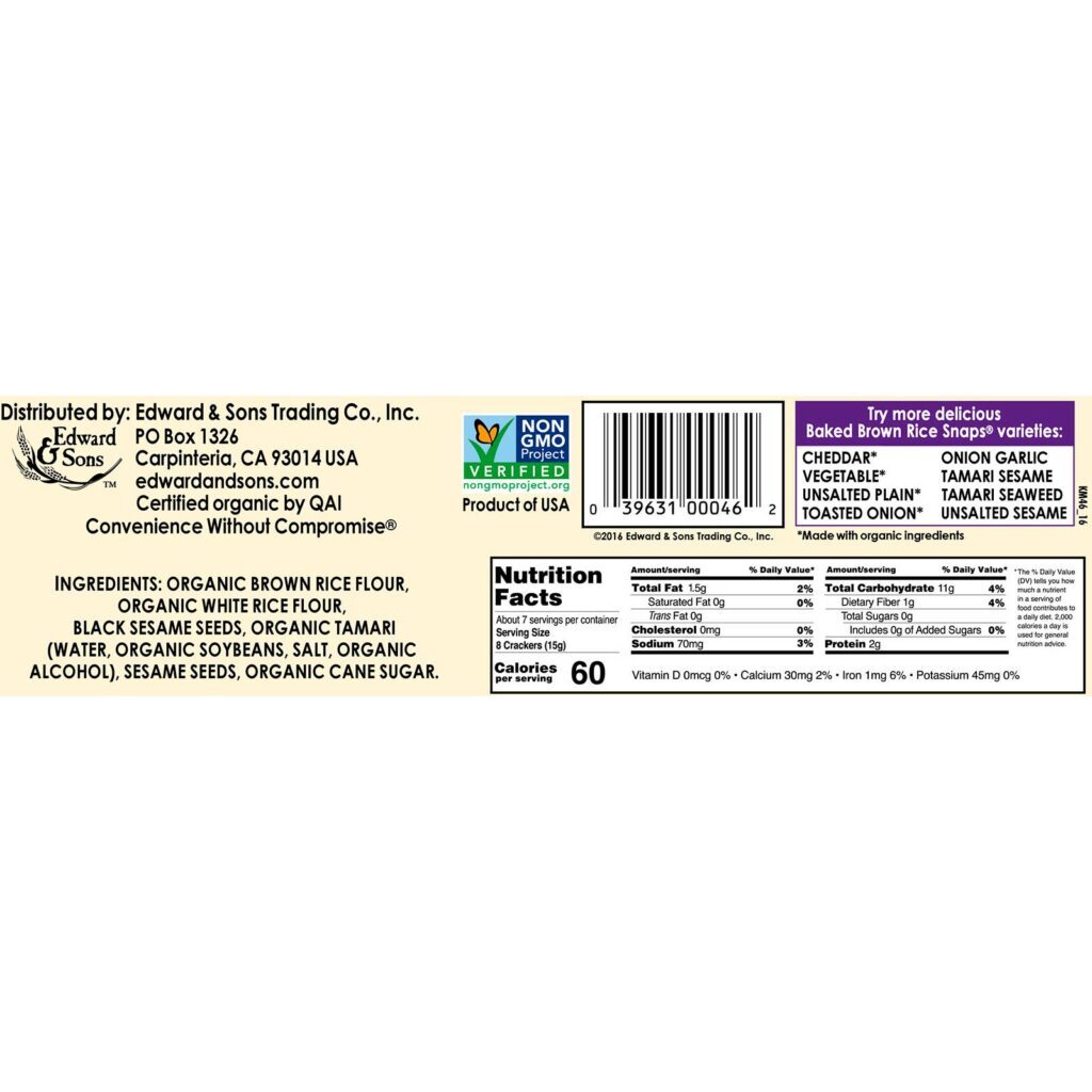 Edward & Sons, Baked Whole Grain Brown Rice Snaps, Black Sesame, 3.5 oz (100 g) - Imagem 2