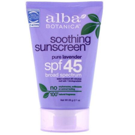 Alba Botanica, Soothing Sunscreen, SPF 45, Pure Lavender, 1 oz (28 g)