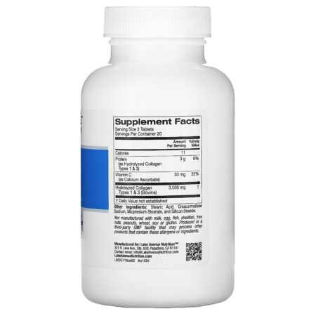 Lake Avenue Nutrition, Colágeno Hidrolisado Tipos 1 e 3, 1.000 mg, 60 Comprimidos - Image 2