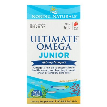 Nordic Naturals, Ultimate Omega Junior, Idades 6 a 12, Morango, 680 mg, 90 Minicápsulas Softgel