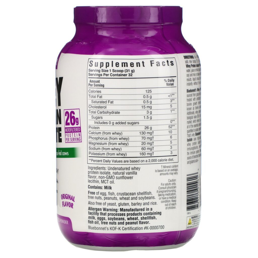 Bluebonnet Nutrition, Isolado Proteico de Soro Natural 100%, Sabor Original Natural, 992 g (2,2 lb) - Imagem 2