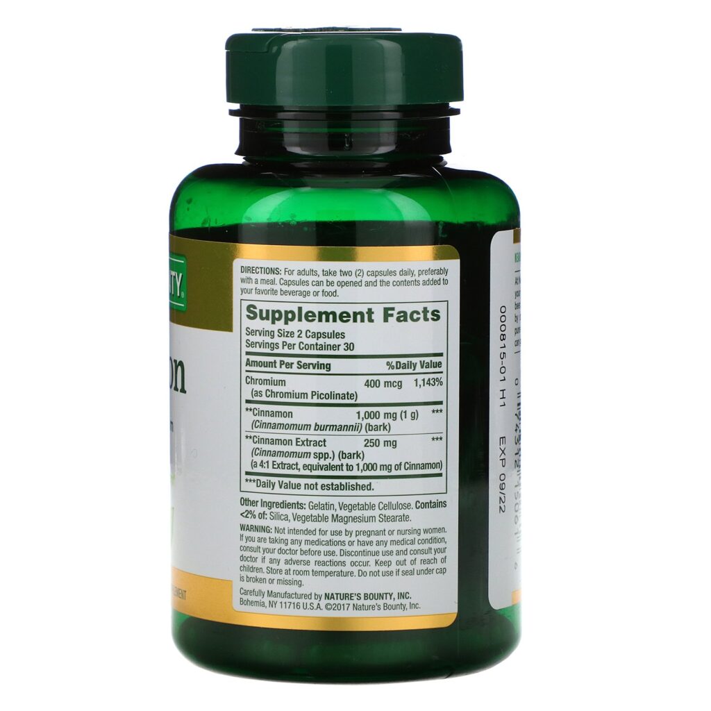 Nature's Bounty, Canela e Cromo, 2.000 mg, 60 Cápsulas - Imagem 2