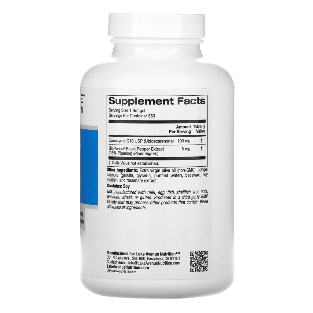 Lake Avenue Nutrition, CoQ10 USP com Bioperine, 100 mg, 360 Cápsulas Softgel - Imagem 2