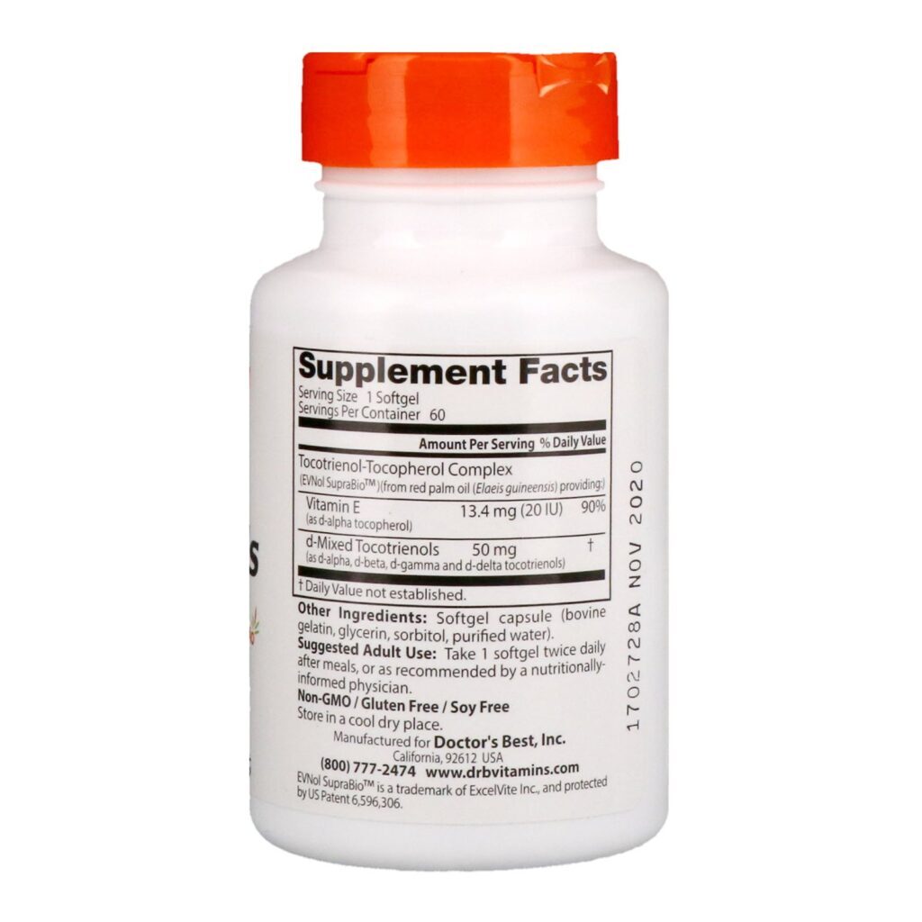Doctor's Best, Tocotrienóis com EVNol SupraBio, 50 mg, 60 Cápsulas Gelatinosas - Imagem 2