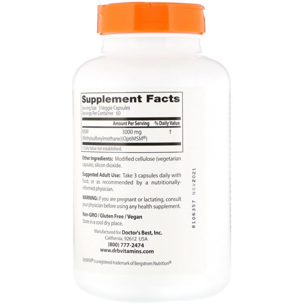 Doctor's Best, MSM com OptiMSM, 1.000 mg, 180 Cápsulas Vegetais - Imagem 2